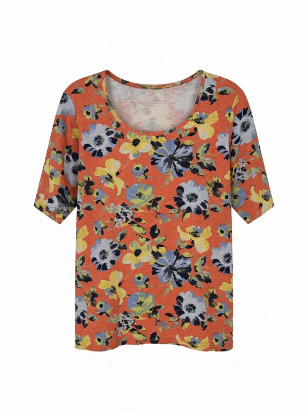 Time and Tru Red Yellow Women's Floral Short Sleeve Top Large Size L